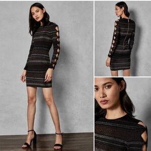 TED BAKER Black Metallic Stripe SIMONA Bow Tie Cut-Out Knit Bodycon Dress